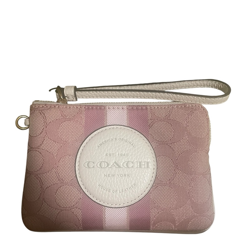 Coach Pink Signature Wristlet with Cream Leather Patch